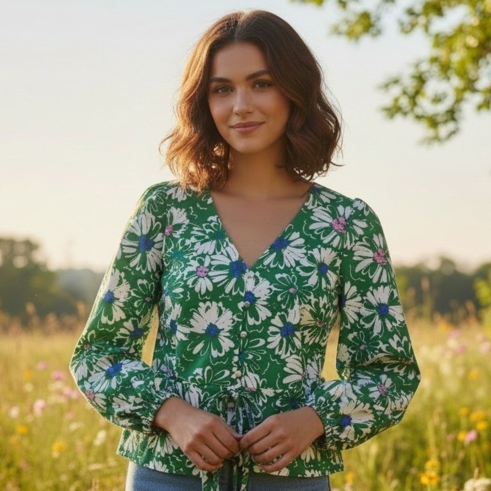 Loft Womens Medium Green Floral Blouse Puff Sleeve Peasant Cottagecore Prairie